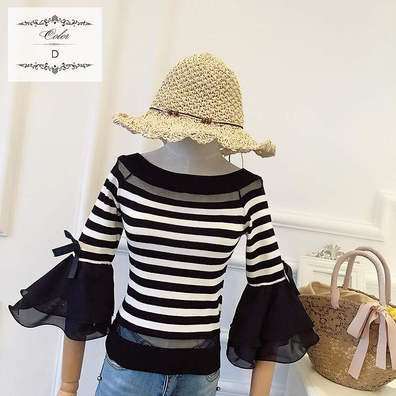 レディース　トップス　Tシャツ　7分袖　ボーダー　無地　カットソー　オフショルダー　ホーンスリーブ　ティアードスリープ　シンプル　スリム　おしゃれ　カジュアル　大人可愛い　フェミニン　デート　お出かけ　普段着　ブラック　黒　ホワイト　白　送料無料