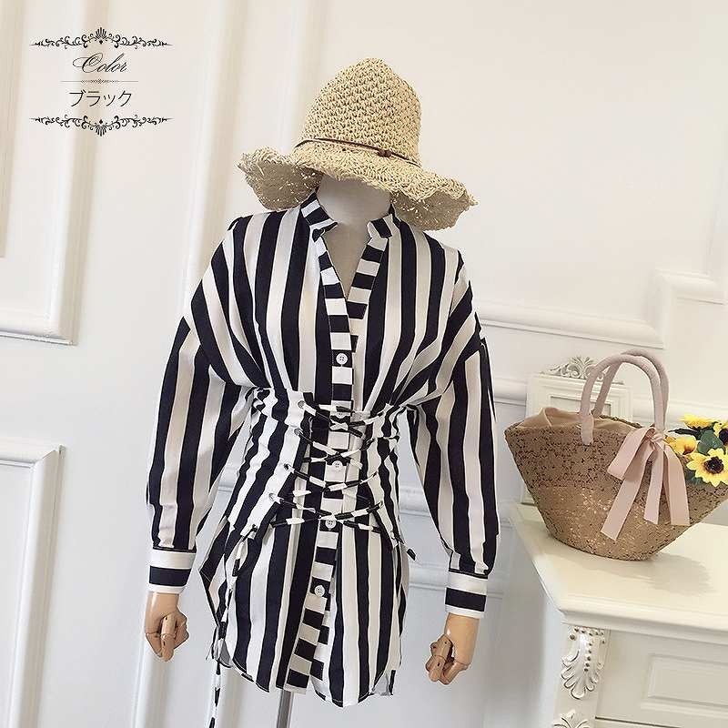 レディース　ワンピース　Vネック　ストライプ　長袖　膝上丈　フリーサイズ　シンプル　エレガント　上品　大人可愛い　フェミニン　デート　お出かけ　デイリー　ブラック　イエロー　送料無料