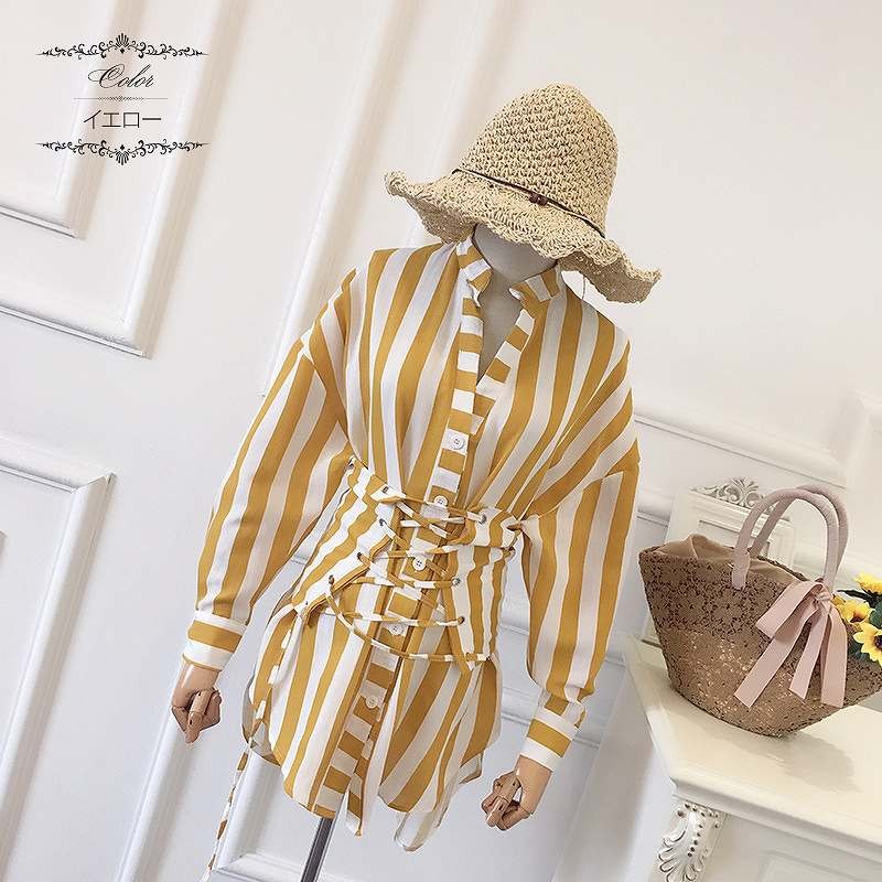 レディース　ワンピース　Vネック　ストライプ　長袖　膝上丈　フリーサイズ　シンプル　エレガント　上品　大人可愛い　フェミニン　デート　お出かけ　デイリー　ブラック　イエロー　送料無料