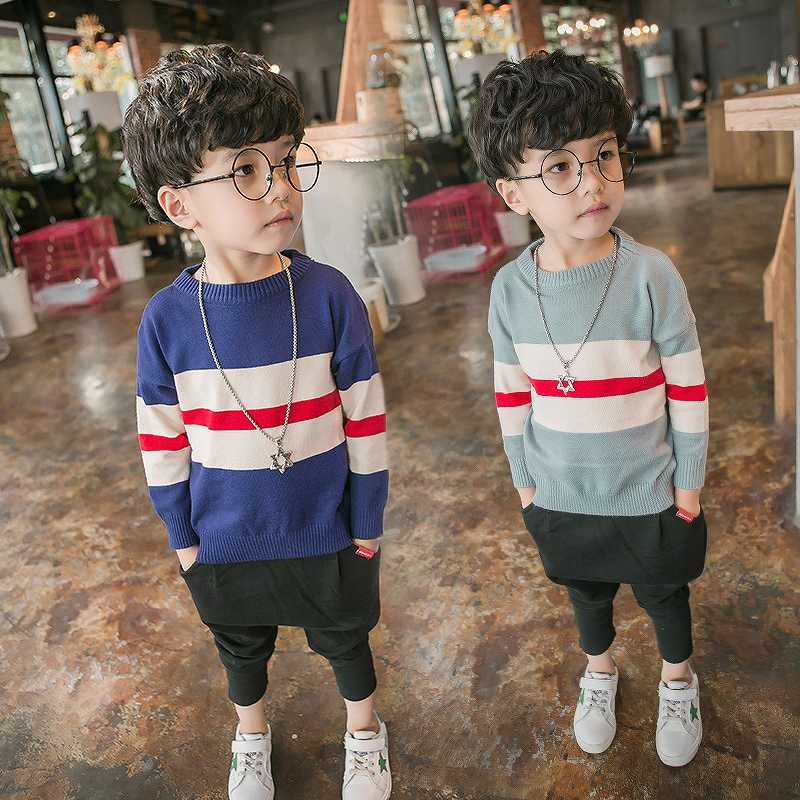 キッズ　ジュニア　子供服　男の子　トップス　ニット　セーター　大きめボーダー　ラウンドネック　長袖　かわいい　キュート　カジュアル　幼稚園　保育園　お出かけ　ルームウェア　グレー　ブルー　送料無料