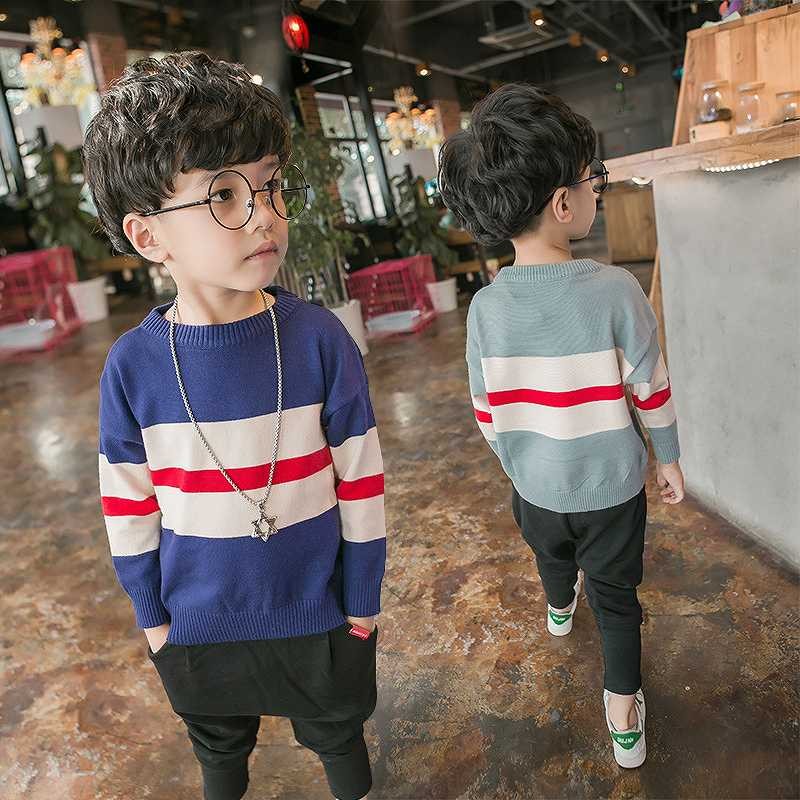 キッズ　ジュニア　子供服　男の子　トップス　ニット　セーター　大きめボーダー　ラウンドネック　長袖　かわいい　キュート　カジュアル　幼稚園　保育園　お出かけ　ルームウェア　グレー　ブルー　送料無料