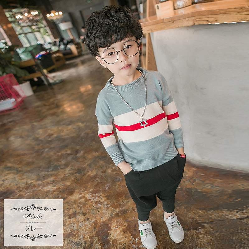 キッズ　ジュニア　子供服　男の子　トップス　ニット　セーター　大きめボーダー　ラウンドネック　長袖　かわいい　キュート　カジュアル　幼稚園　保育園　お出かけ　ルームウェア　グレー　ブルー　送料無料