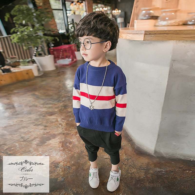 キッズ　ジュニア　子供服　男の子　トップス　ニット　セーター　大きめボーダー　ラウンドネック　長袖　かわいい　キュート　カジュアル　幼稚園　保育園　お出かけ　ルームウェア　グレー　ブルー　送料無料