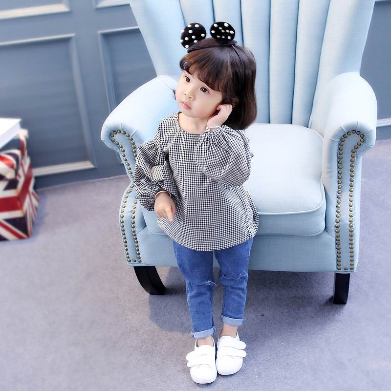 キッズ　ジュニア　子供服　女の子　トップス　カットソー　スモック　ラウンドネック　長袖　チェック　かわいい　キュート　カジュアル　幼稚園　保育園　お出かけ　ルームウェア　ブラック　送料無料