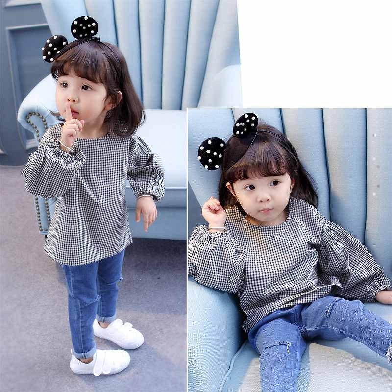 キッズ　ジュニア　子供服　女の子　トップス　カットソー　スモック　ラウンドネック　長袖　チェック　かわいい　キュート　カジュアル　幼稚園　保育園　お出かけ　ルームウェア　ブラック　送料無料
