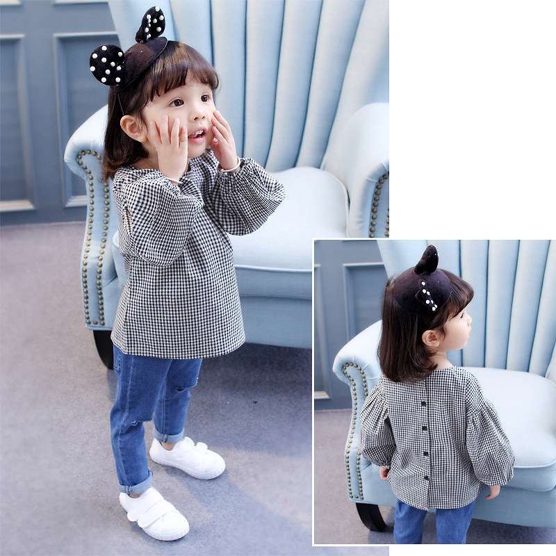 キッズ　ジュニア　子供服　女の子　トップス　カットソー　スモック　ラウンドネック　長袖　チェック　かわいい　キュート　カジュアル　幼稚園　保育園　お出かけ　ルームウェア　ブラック　送料無料