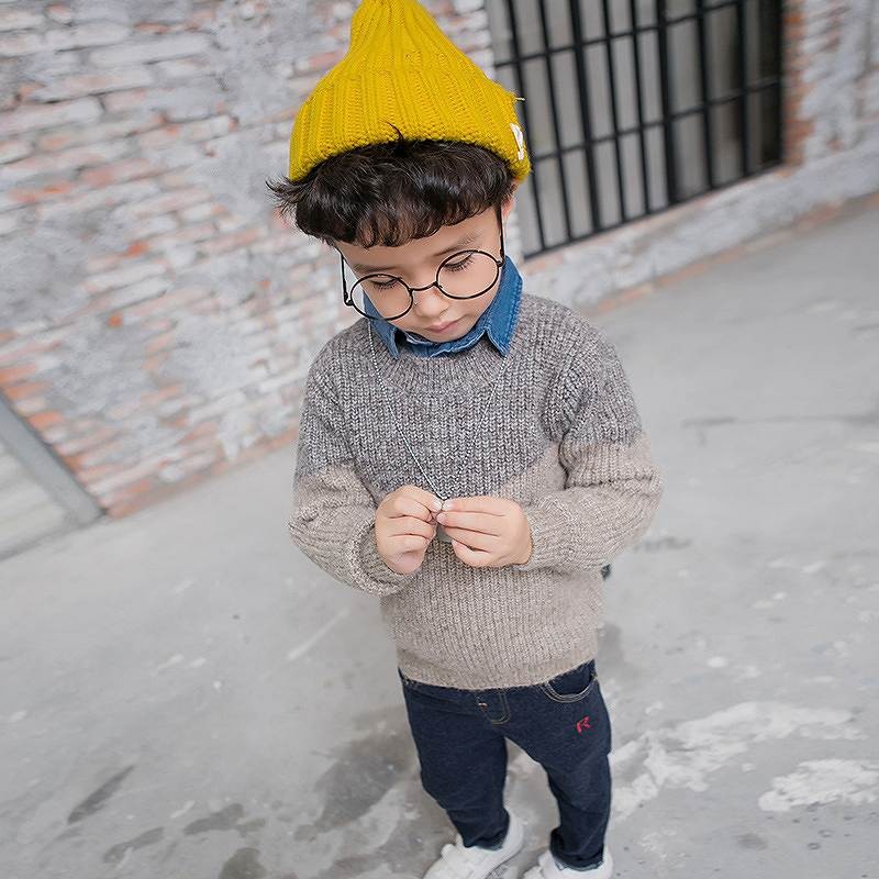 キッズ　ジュニア　子供服　男の子　トップス　ニット　セーター　バイカラー　無地　ラウンドネック　長袖　かわいい　キュート　カジュアル　幼稚園　保育園　お出かけ　ルームウェア　ベージュ　送料無料