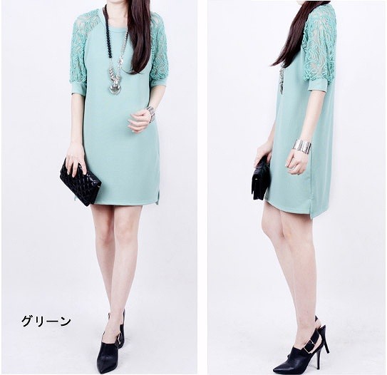 レディース　ワンピース　ラウンドネック　ミニワンピ　半袖　コードレース　大きいサイズ　花柄　フラワー　シフォン切り替え　スリム　無地　シンプル　春夏　大人可愛い　デート　パーティ　発表会　結婚式　2次会　謝恩会　グリーン　ブラック　ホワイト　送料無料