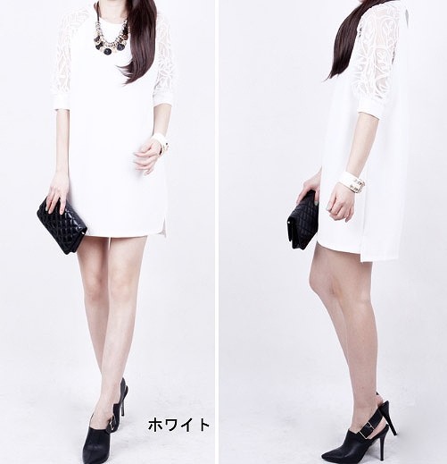 レディース　ワンピース　ラウンドネック　ミニワンピ　半袖　コードレース　大きいサイズ　花柄　フラワー　シフォン切り替え　スリム　無地　シンプル　春夏　大人可愛い　デート　パーティ　発表会　結婚式　2次会　謝恩会　グリーン　ブラック　ホワイト　送料無料