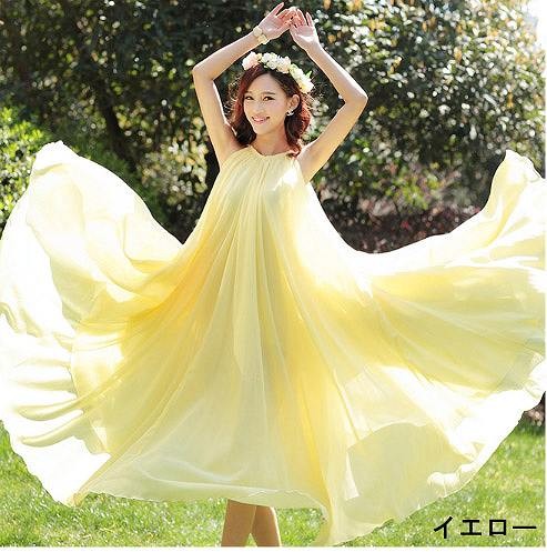 レディース　ワンピース　ロング　マキシ丈　シフォン　Aライン　無地　シンプル　春夏　大人可愛い　小さいサイズ　マキシワンピ　デート　リゾート　ビーチ　パーティ　発表会　結婚式　2次会　イエロー　ホワイト　ブルー　オレンジ　レッド　ピンク　パープル　送料無料