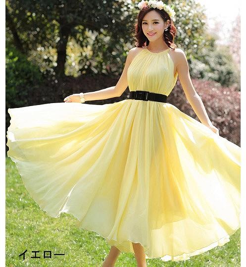 レディース　ワンピース　ロング　マキシ丈　シフォン　Aライン　無地　シンプル　春夏　大人可愛い　小さいサイズ　マキシワンピ　デート　リゾート　ビーチ　パーティ　発表会　結婚式　2次会　イエロー　ホワイト　ブルー　オレンジ　レッド　ピンク　パープル　送料無料