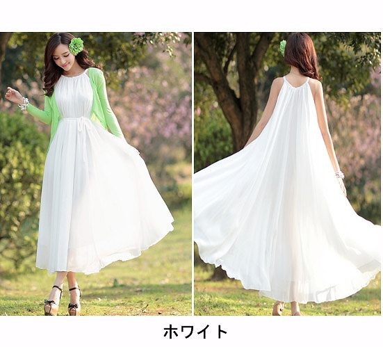 レディース　ワンピース　ロング　マキシ丈　シフォン　Aライン　無地　シンプル　春夏　大人可愛い　小さいサイズ　マキシワンピ　デート　リゾート　ビーチ　パーティ　発表会　結婚式　2次会　イエロー　ホワイト　ブルー　オレンジ　レッド　ピンク　パープル　送料無料