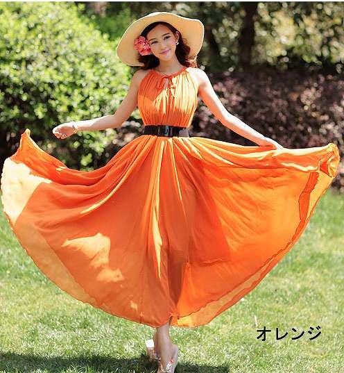 レディース　ワンピース　ロング　マキシ丈　シフォン　Aライン　無地　シンプル　春夏　大人可愛い　小さいサイズ　マキシワンピ　デート　リゾート　ビーチ　パーティ　発表会　結婚式　2次会　イエロー　ホワイト　ブルー　オレンジ　レッド　ピンク　パープル　送料無料