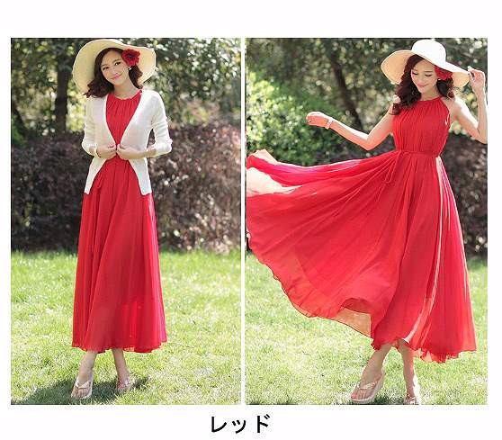 レディース　ワンピース　ロング　マキシ丈　シフォン　Aライン　無地　シンプル　春夏　大人可愛い　小さいサイズ　マキシワンピ　デート　リゾート　ビーチ　パーティ　発表会　結婚式　2次会　イエロー　ホワイト　ブルー　オレンジ　レッド　ピンク　パープル　送料無料