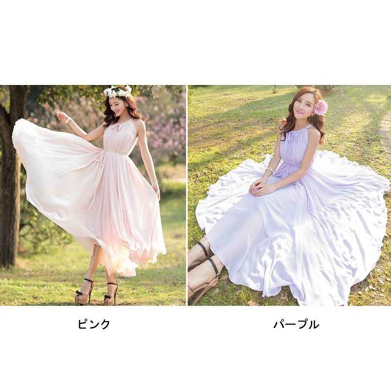 レディース　ワンピース　ロング　マキシ丈　シフォン　Aライン　無地　シンプル　春夏　大人可愛い　小さいサイズ　マキシワンピ　デート　リゾート　ビーチ　パーティ　発表会　結婚式　2次会　イエロー　ホワイト　ブルー　オレンジ　レッド　ピンク　パープル　送料無料