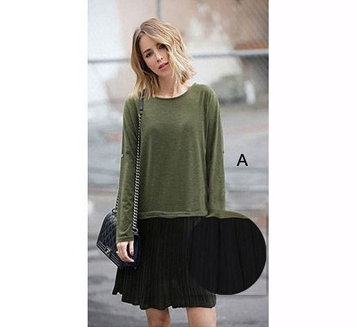 レディース　ワンピース　ツートン　バイカラー　膝上丈　Aライン　シフォンドレス　プリーツスカート　長袖　無地　シンプル　春　シック　大人可愛い　大きいサイズ　デート　パーティ　発表会　結婚式　2次会　謝恩会　グレー　ブラック　グリーン　送料無料