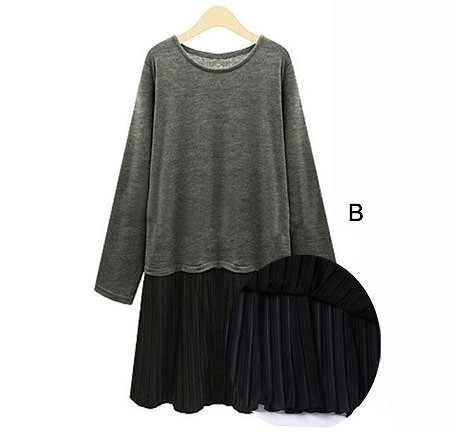 レディース　ワンピース　ツートン　バイカラー　膝上丈　Aライン　シフォンドレス　プリーツスカート　長袖　無地　シンプル　春　シック　大人可愛い　大きいサイズ　デート　パーティ　発表会　結婚式　2次会　謝恩会　グレー　ブラック　グリーン　送料無料