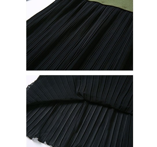 レディース　ワンピース　ツートン　バイカラー　膝上丈　Aライン　シフォンドレス　プリーツスカート　長袖　無地　シンプル　春　シック　大人可愛い　大きいサイズ　デート　パーティ　発表会　結婚式　2次会　謝恩会　グレー　ブラック　グリーン　送料無料