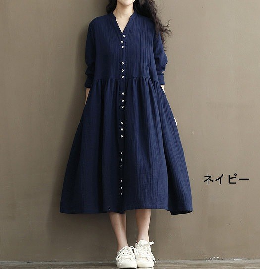 レディース　ワンピース　Aライン　ロングワンピース　長袖　無地　ボタン　シンプル　春　シック　ゆったり　大人可愛い　大きいサイズ　カジュアル　デート　普段着　リラックス　ホワイト　ネイビー　送料無料