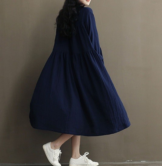 レディース　ワンピース　Aライン　ロングワンピース　長袖　無地　ボタン　シンプル　春　シック　ゆったり　大人可愛い　大きいサイズ　カジュアル　デート　普段着　リラックス　ホワイト　ネイビー　送料無料