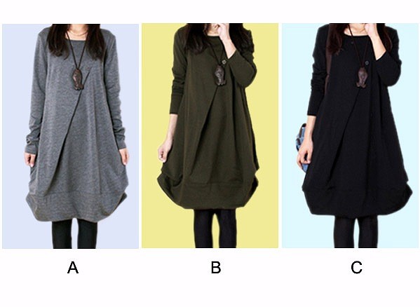 レディース　ワンピース　チュニック　コクーン　シルエット　膝丈　ドレープ　長袖　無地　シンプル　春　シック　ゆったり　大人可愛い　大きいサイズ　カジュアル　デート　普段着　リラックス　ブラック　グレー　カーキ　送料無料