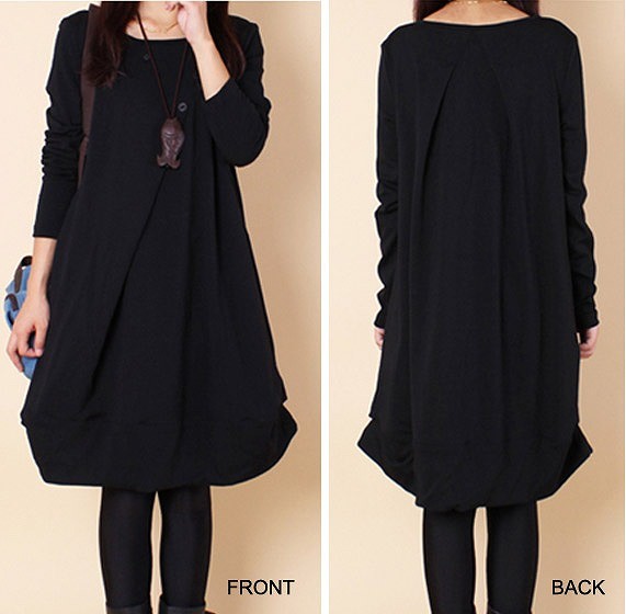 レディース　ワンピース　チュニック　コクーン　シルエット　膝丈　ドレープ　長袖　無地　シンプル　春　シック　ゆったり　大人可愛い　大きいサイズ　カジュアル　デート　普段着　リラックス　ブラック　グレー　カーキ　送料無料