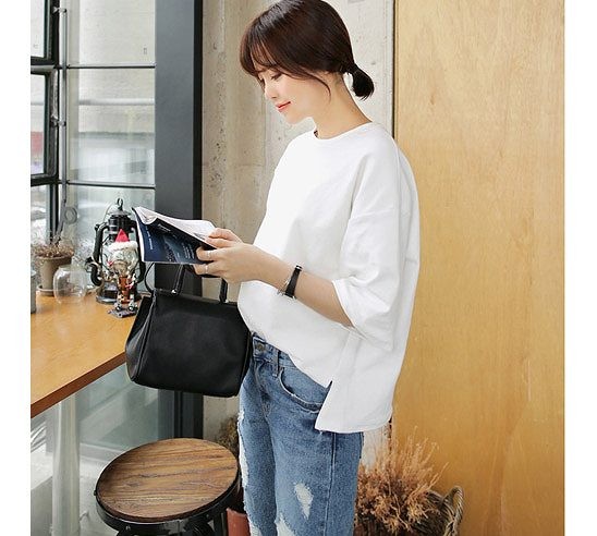 レディース　Tシャツ　カットソー　5分袖　ゆったり　大きいサイズ　シンプル　清楚　上品　無地　ラウンドネック　カジュアル　ラフスタイル　春夏　デート　普段着　リラックス　ホワイト　送料無料