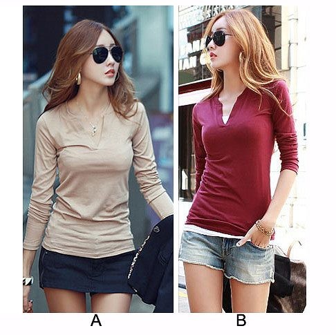 レディース　深Vネック　Tシャツ　カットソー　長袖　タイト　大きいサイズ　大人　シンプル　無地　清楚　上品　オフィス　仕事　カジュアル　春秋　デート　普段着　リラックス　レッド　ベージュ　グレー　ブラック　送料無料