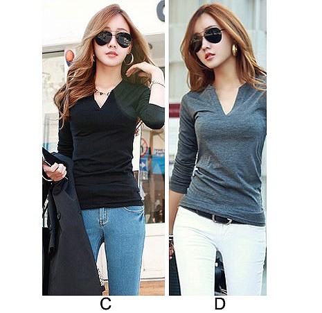 レディース　深Vネック　Tシャツ　カットソー　長袖　タイト　大きいサイズ　大人　シンプル　無地　清楚　上品　オフィス　仕事　カジュアル　春秋　デート　普段着　リラックス　レッド　ベージュ　グレー　ブラック　送料無料