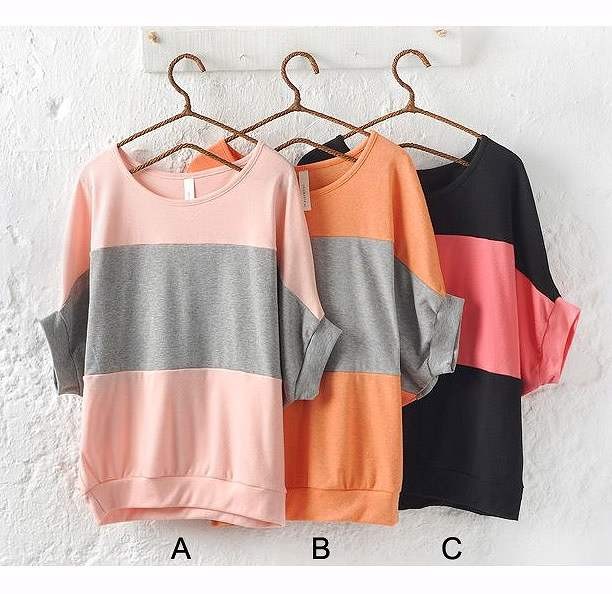 レディース　Tシャツ　カットソー　半袖　ゆったり　ドルマン　大きめボーダー　大きいサイズ　シンプル　カジュアル　ラウンドネック　ラフスタイル　春夏　デート　普段着　リラックス　ピンク　グレー　ブラック　オレンジ　送料無料