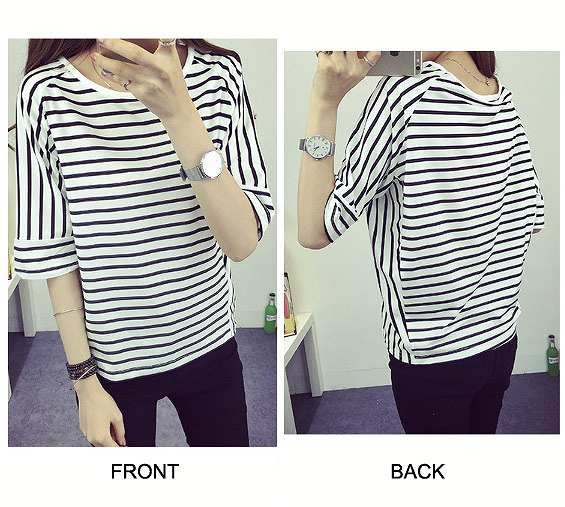 レディース　Tシャツ　カットソー　ラウンドネック　5分袖　大きいサイズ　大人　ボーダー　コットン　シンプル　定番　カジュアル　春夏　デート　普段着　リラックス　ホワイト　送料無料