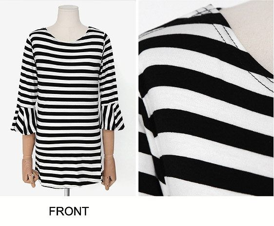 レディース　Tシャツ　カットソー　フレアスリーブ　ラウンドネック　6分袖　大きいサイズ　大人　ボーダー　シンプル　定番　カジュアル　春夏　デート　普段着　リラックス　ホワイト　ブラック　送料無料