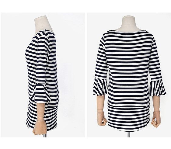 レディース　Tシャツ　カットソー　フレアスリーブ　ラウンドネック　6分袖　大きいサイズ　大人　ボーダー　シンプル　定番　カジュアル　春夏　デート　普段着　リラックス　ホワイト　ブラック　送料無料