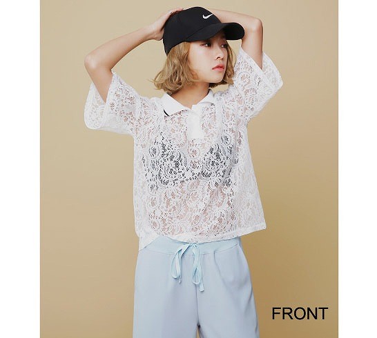 レディース　ファッション　レースパターン　Ｔシャツ　半袖　襟付き　かわいい　大人カジュアル　夏　外出　アウトドア　涼しい　透け　ホワイト　ブラック　送料無料