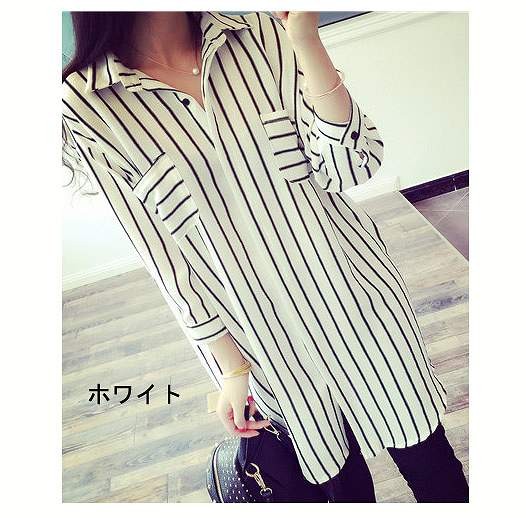 レディース　ファッション　シフォンシャツ　七分袖　襟付き　ロング丈　縦ストライプ　かわいい　大人カジュアル　夏　外出　アウトドア　涼しい　ホワイト　ブラック　送料無料