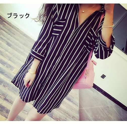 レディース　ファッション　シフォンシャツ　七分袖　襟付き　ロング丈　縦ストライプ　かわいい　大人カジュアル　夏　外出　アウトドア　涼しい　ホワイト　ブラック　送料無料