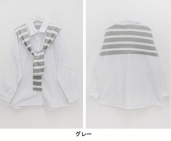 レディース　ファッション　シャツ　ブラウス　アンサンブル風　七分袖　かわいい　さわやか　おしゃれ　ゆったり　大人カジュアル　夏　外出　アウトドア　グレー　ネイビー　送料無料