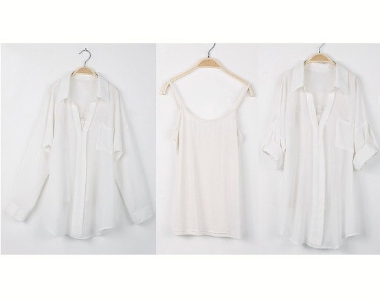 レディース　トップス　インナー付き　シャツ　ブラウス　無地　長袖　透けデザイン　シースルー　ゆったり　大きいサイズ　春夏　カジュアル　セクシー　フェミニン　リゾート　旅行　オフィス　デート　ブラック　ホワイト　送料無料