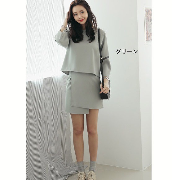 レディース　トップス&スカート　セットアップ　ラウンドネック　カットソー　膝上丈スカート　無地　スリム　春夏秋　大人可愛い　シンプル　カジュアル　フェミニン　オフィス　仕事　デート　グリーン　ピンク　送料無料