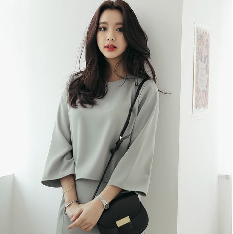 レディース　トップス&スカート　セットアップ　ラウンドネック　カットソー　膝上丈スカート　無地　スリム　春夏秋　大人可愛い　シンプル　カジュアル　フェミニン　オフィス　仕事　デート　グリーン　ピンク　送料無料