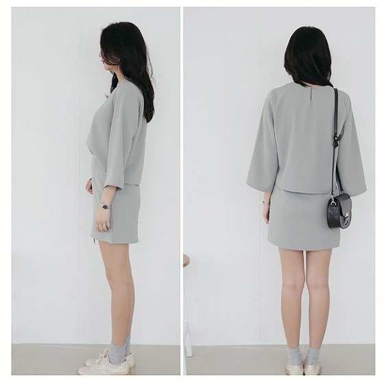 レディース　トップス&スカート　セットアップ　ラウンドネック　カットソー　膝上丈スカート　無地　スリム　春夏秋　大人可愛い　シンプル　カジュアル　フェミニン　オフィス　仕事　デート　グリーン　ピンク　送料無料