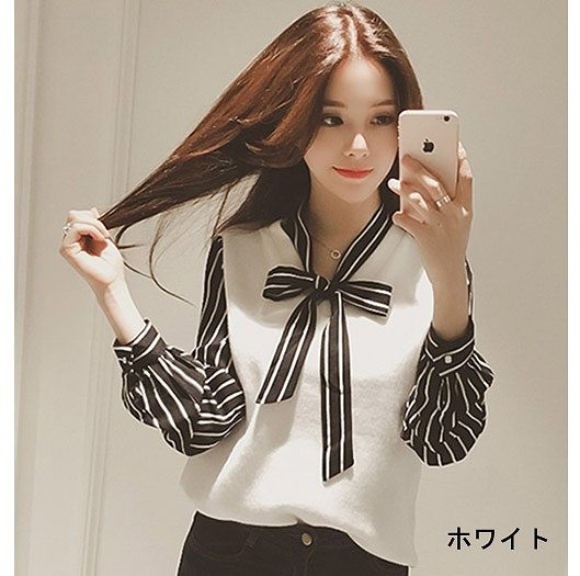 レディース　トップス　バイカラー　リボンタイ　シャツ　ブラウス　ストライプ　シフォン　長袖　ゆったり　無地　春秋　大きいサイズ　大人可愛い　きれいめ　フェミニン　お出かけ　旅行　仕事　オフィス　ホワイト　ブラック　送料無料