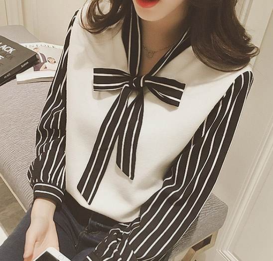 レディース　トップス　バイカラー　リボンタイ　シャツ　ブラウス　ストライプ　シフォン　長袖　ゆったり　無地　春秋　大きいサイズ　大人可愛い　きれいめ　フェミニン　お出かけ　旅行　仕事　オフィス　ホワイト　ブラック　送料無料