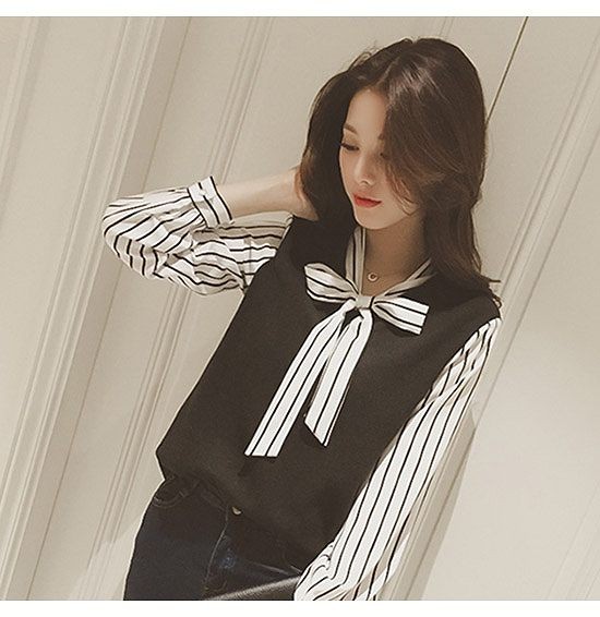 レディース　トップス　バイカラー　リボンタイ　シャツ　ブラウス　ストライプ　シフォン　長袖　ゆったり　無地　春秋　大きいサイズ　大人可愛い　きれいめ　フェミニン　お出かけ　旅行　仕事　オフィス　ホワイト　ブラック　送料無料