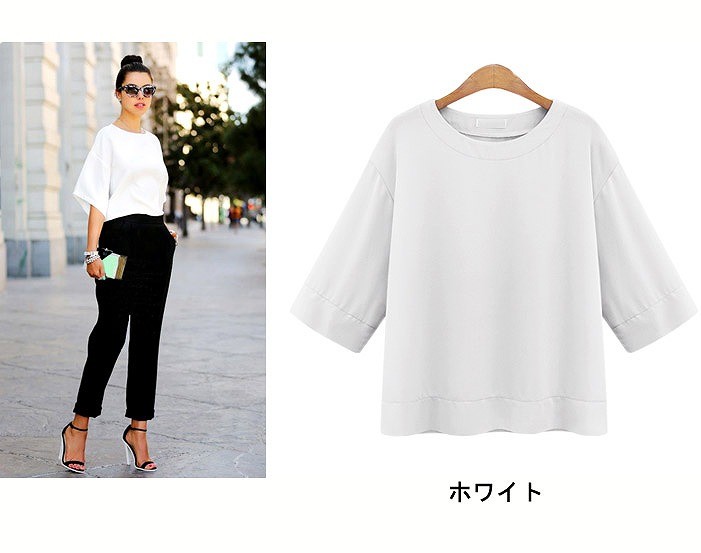 レディース　トップス　ワイド　Tシャツ　カットソー　シフォン　シャツ　5分袖　ラウンドネック　ゆったり　無地　春夏　大きいサイズ　大人可愛い　きれいめ　ラフスタイル　リラックス　仕事　オフィス　ホワイト　ピンク　ネイビー　送料無料