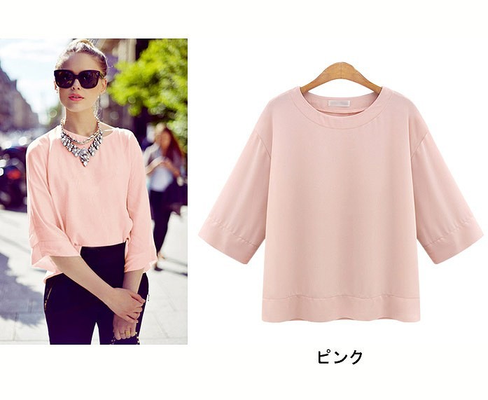 レディース　トップス　ワイド　Tシャツ　カットソー　シフォン　シャツ　5分袖　ラウンドネック　ゆったり　無地　春夏　大きいサイズ　大人可愛い　きれいめ　ラフスタイル　リラックス　仕事　オフィス　ホワイト　ピンク　ネイビー　送料無料