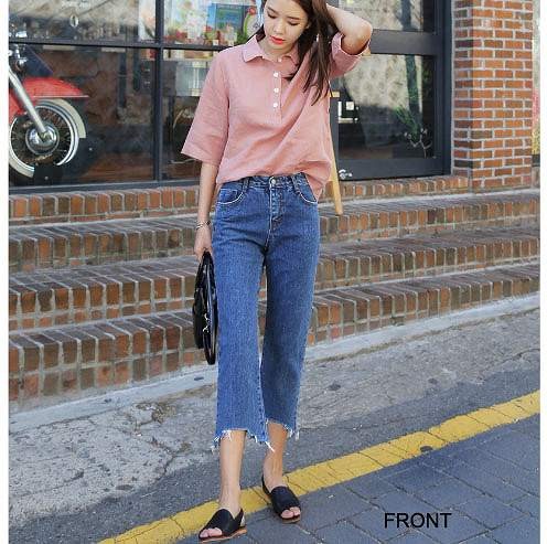 レディース　ボトムス　ストレート　デニムパンツ　フレイドヘム　ジーンズ　切りっぱなし　無地　スリム　美脚　脚長効果　大人カジュアル　人気　お出かけ　普段着　リゾート　デート　ブルー　送料無料