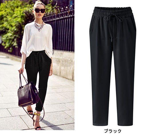 レディース　ボトムス　テーパードパンツ　イージーパンツ　ウエストゴム　無地　スリム　美脚　脚長効果　ゆったり　大きいサイズ　大人カジュアル　人気　お出かけ　普段着　リゾート　デート　ブラック　ベージュ　送料無料