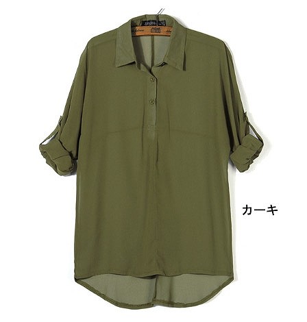 レディース　シフォンブラウス シャツ　長袖　七分袖　プルオーバー　無地　ロング丈　大人カジュアル　フェミニン　オフィス　仕事　人気　お出かけ　リゾート　デート　カーキ　ホワイト　ブラック　送料無料