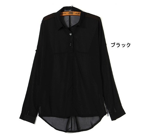 レディース　シフォンブラウス シャツ　長袖　七分袖　プルオーバー　無地　ロング丈　大人カジュアル　フェミニン　オフィス　仕事　人気　お出かけ　リゾート　デート　カーキ　ホワイト　ブラック　送料無料